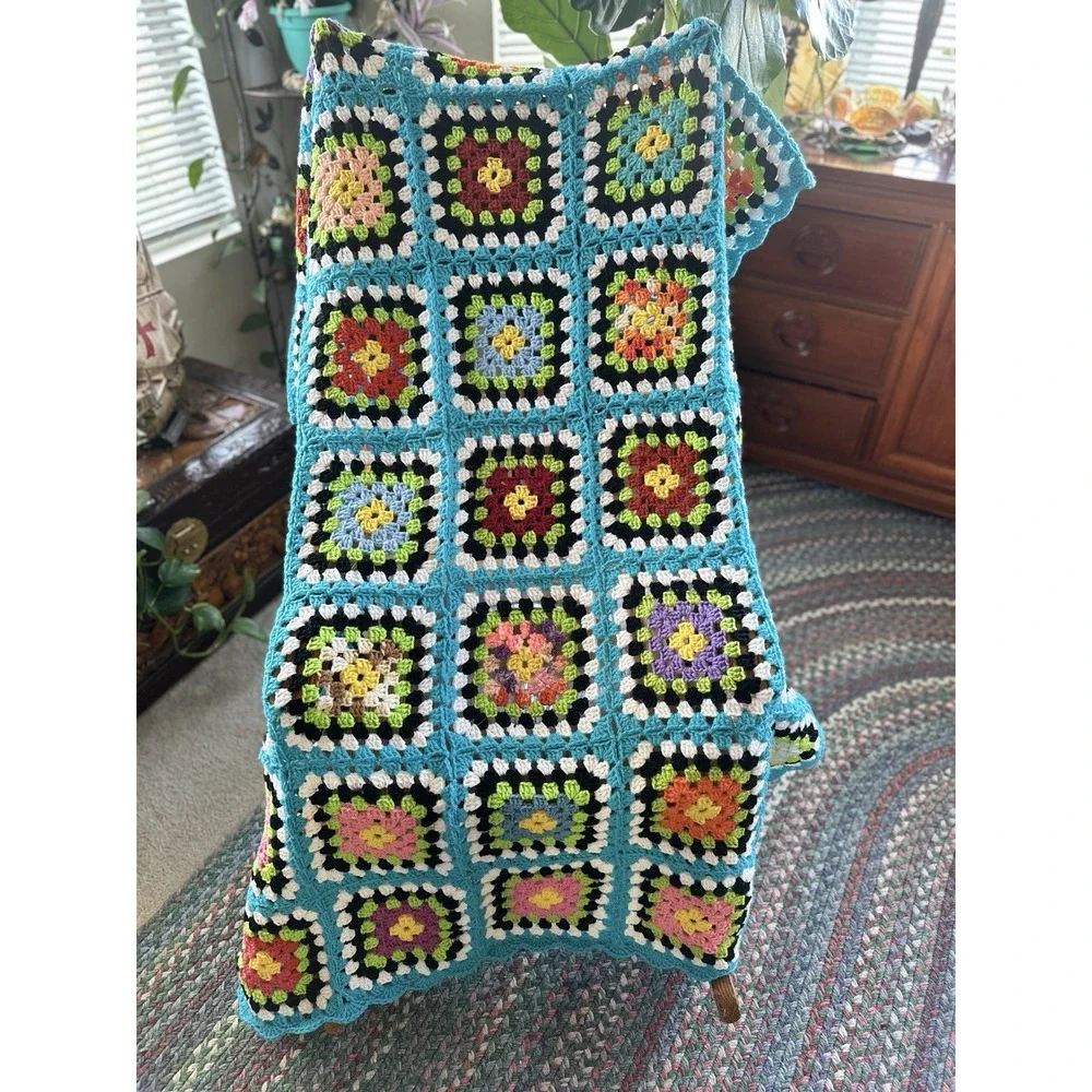 Hand Crochet Colorful Roseanne Granny‎ Square Afghan Throw Blanket 70x46